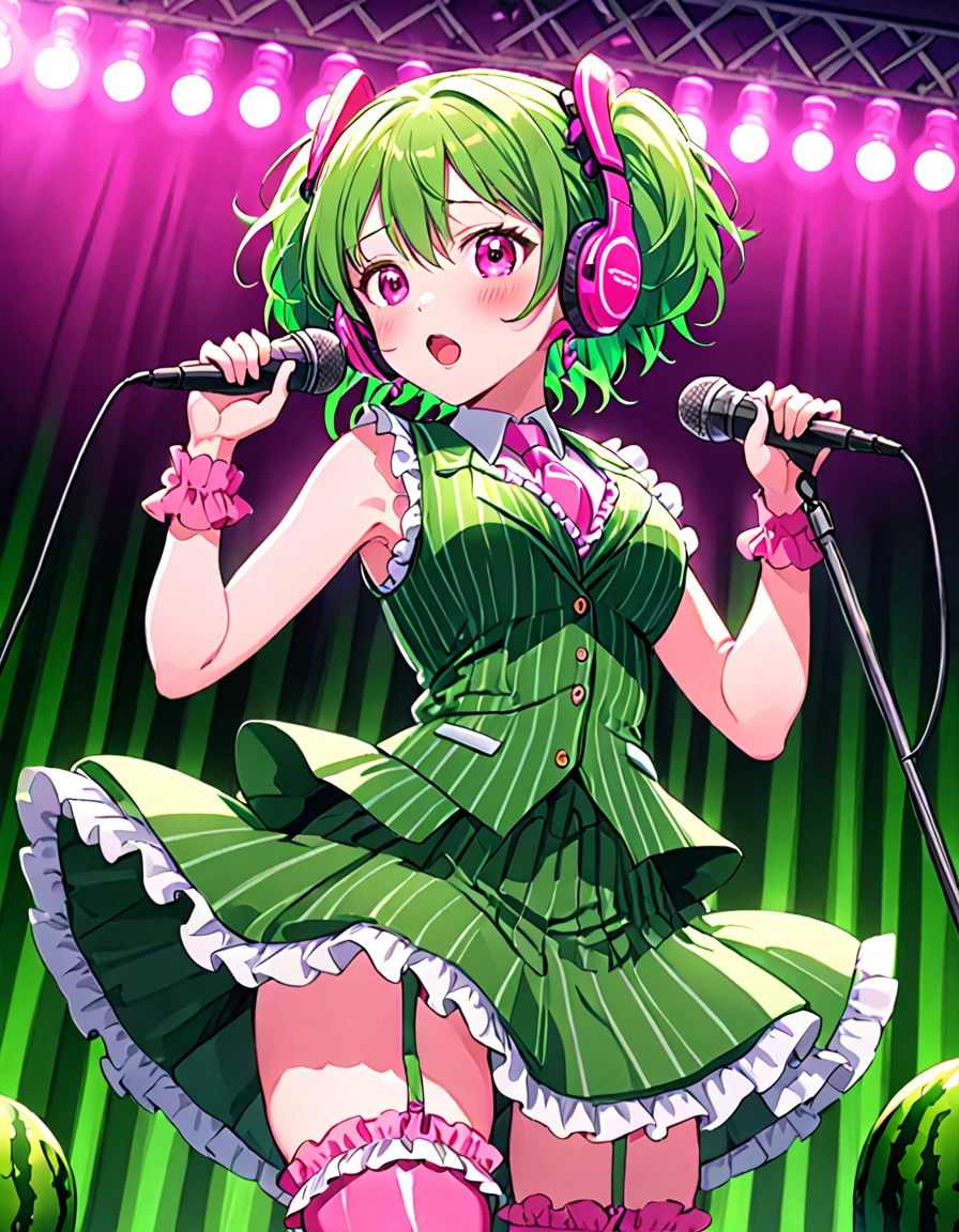 1girl, solo, masterpiece, best quality, (anime art style:1.0), 2d, dynamic shadows, masterpiece, best quality, (anime art style:1.0), 2d, dynamic shadows, atmosferic, short green neon hair, pink headphones over her head, singing, holding a microphone, pink eyes, watermelon earrings, pink stripy tie, green frilly vest, short pink skirt, green frilly socks, knee high pink boots, round breasts, blushing, standing on a stage, bright lights, concert background,
