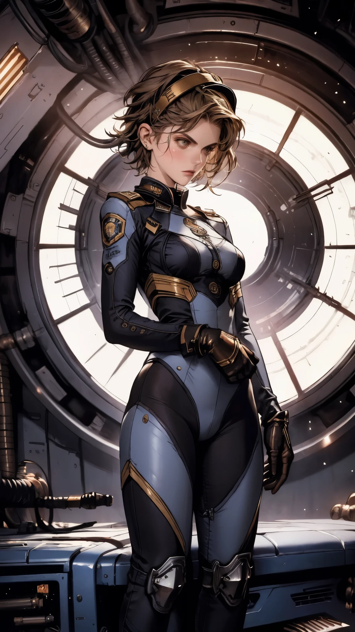 (masterpiece:1.2, best quality:1.2, extremely delicate:1.2), ((Alexandra Daddario:1.2)), a girl with short light golden hair, a metal headband on her forehead, icy gaze, detached expression, smooth and exquisite facial appearance, perfect body, perfect skin, porcelain skin, pale skin, sci-fi military uniform, short sleeves, gloves, short skirt integrated with the outfit, dark fitted pants, knee-high military boots, the color scheme is primarily Blue with White and Yellow accents, surrounded by AR virtual interfaces, standing in a futuristic sci-fi-styled room, this character embodies a finely crafted futuristic sci-fi female officer in anime style, exquisite and mature art style, exquisite photography, Photo realism, photorealistic, even and soft lighting on face, dramatic, high definition, highres, ultra-detailed, ultra-fine painting, professional, perfect body proportions, anatomically correct, symmetrical face, extremely detailed eyes and face, high quality eyes, creativity, RAW photo, UHD, 32k, portrait lighting, Natural light, cinematic lighting, (masterpiece-anatomy-perfect:1.2)