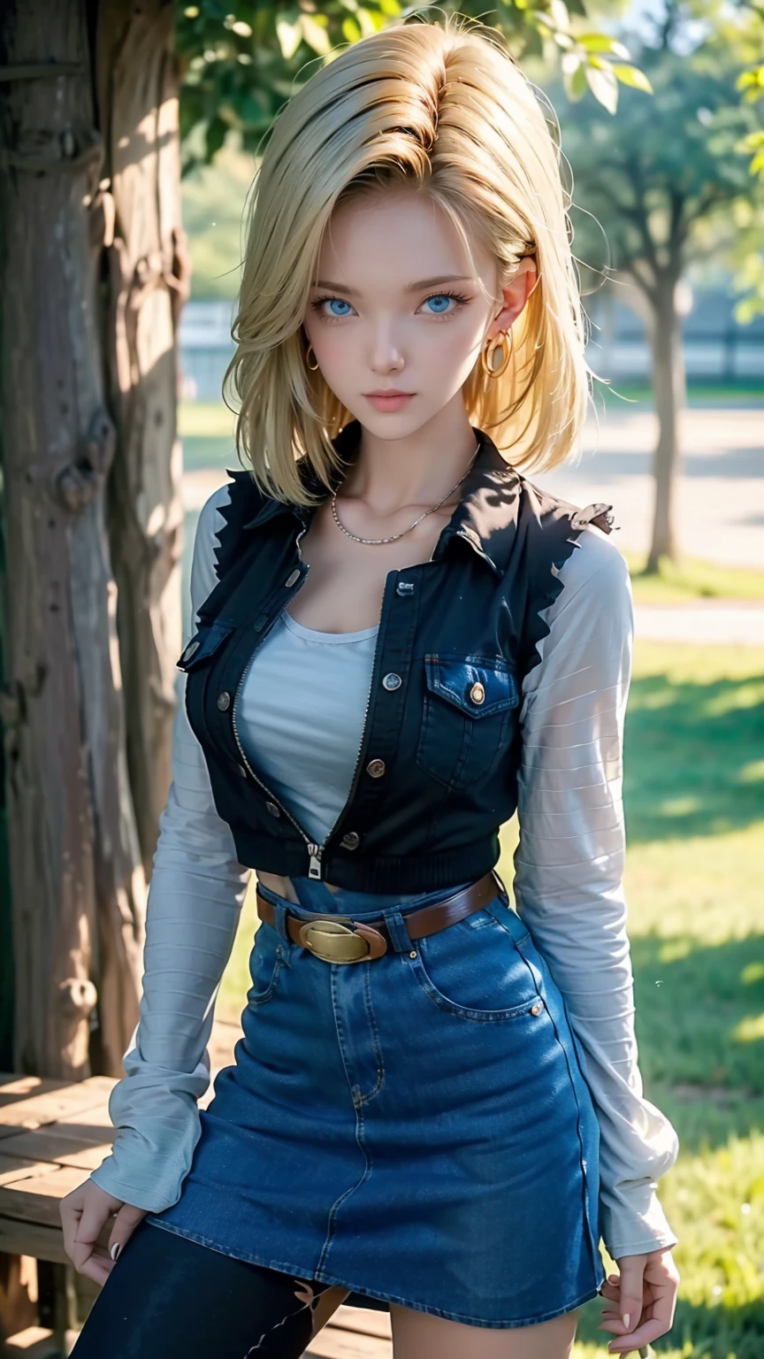 Android 18, Light Blonde hair, Medium hair shaggy cut for women, Blue Transparent eyes of Slavic Caucasians, She has sexy double eyelids above and below her eyes, The flash in the eyeballs is brilliant, She is not wearing any jewelry such as a necklace around her neck, open-chested Black -shirt, Not wearing a bra, She only Wears round earrings, Tight Long sleeves with black stripes on a white background, Blue denim mini vest, Blue denim mini skirt, The denim mini skirt and denim mini vest set in the same blue color, The mini denim vest does not have a zipper, but the mini denim skirt does, and the denim vest has five silver buttons to fasten the garment, The denim skirt's zipper seam line and stitching run vertically straight to the bottom of the skirt, and the denim vest has no zipper, so it's clean, Open-chested denim vest, Large breasts, Women's Western Cowboy Belt, Brown see-through pantyhose, Western short boots, Looking at viewer, Her whole body is visible on the screen, She is standing in front of the bench Her entire body is visible on the screen, from her head to her boots, Slight smiling with closed lips standing next to bench , Blue sky, outside, park, grass, Summer, trees, blue sky, high quality, masterpiece,