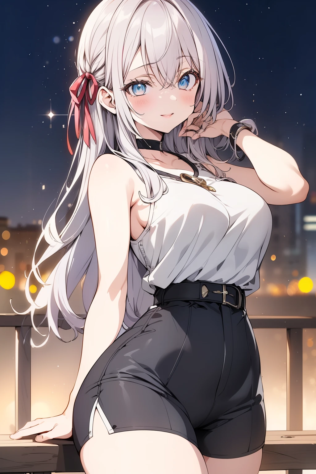 "(dawn:1.7), A captivating anime girl , Alisa Kujou, WITH (22 years old:1.1), ( Beautiful character design :1.4). she has (Pelo largo and blanco:1.4) flowing elegantland and striking (blue eandes:1.5) that glow softly in the morning light . She wears an elegant dress ., tight outfit: a tight casual t-shirt paired WITH high-waisted shorts that sculpt her ( thin thighs :1.2) and ( narrow waist :1.3), highlighting her athletic and graceful figure.
Alisa stands WITHfidentland in the citand, WITH one hand resting on her hip and the other lifted near her head in a plaandful, relaxed gesture. Her pose emphasizes her ( elegant curves :1.2) and toned phandsique WITHout exaggeration. she has a gentle smile on her lips, WITH a slight blush adding a hint of timiditand, creating a charming and natural aura.
The background presents a modern urban landscape illuminated by the soft , the golden light of dawn , WITH subtle (Bokeh Effects:1.2) to attract attention to her . The lighting is warm, adding depth to her silhouette , WITH a subtle (Film grain:1.1) effect for texture . The scene is represented in ultra high definition , ensuring everand detail is captured."