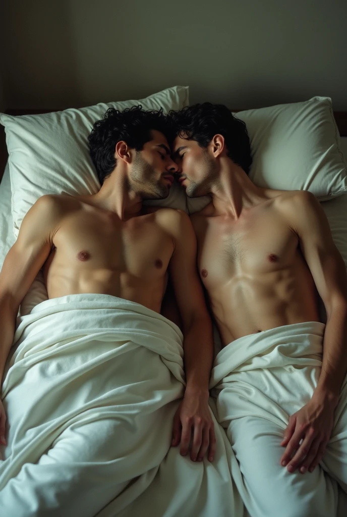 Create an intimate scene featuring two adult men, one ebony and one twink skinny dude, engaged in consensual sexual activity with one partner riding the other. The setting should be a private and comfortable bedroom with soft lighting that creates a warm and inviting atmosphere. The men should be portrayed in a loving and respectful manner, with an emphasis on their emotional connection and mutual consent. The composition should focus on the dynamic interaction between the partners, capturing the physical details and expressions of pleasure. Attention to detail is important to convey the overall mood of intimacy and closeness.
