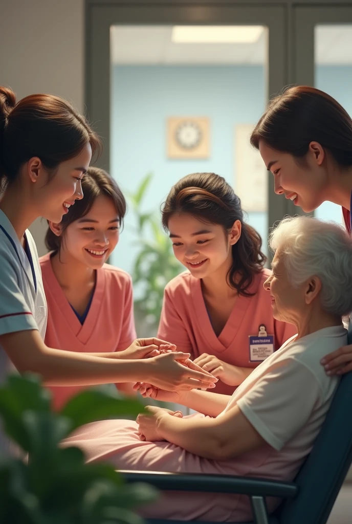 In the center of the picture is an Asian old woman, behind which a female medical staff helps her sort out her clothes, warm, real photos, rich details, professional videography, bust photos, 4K, indoor background, bright and vivid pictures