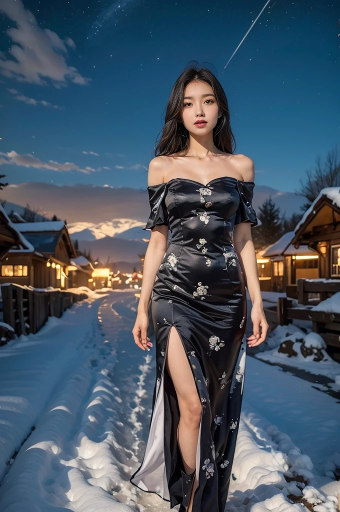 Masterpiece, UHD.  Portrait of One ultra hot gorgeous European woman, age 23, Wearing a cheongsam, a miniskirt (off shoulders:1.3) in a snowy village landscape. Winter starry night. Northern lights.