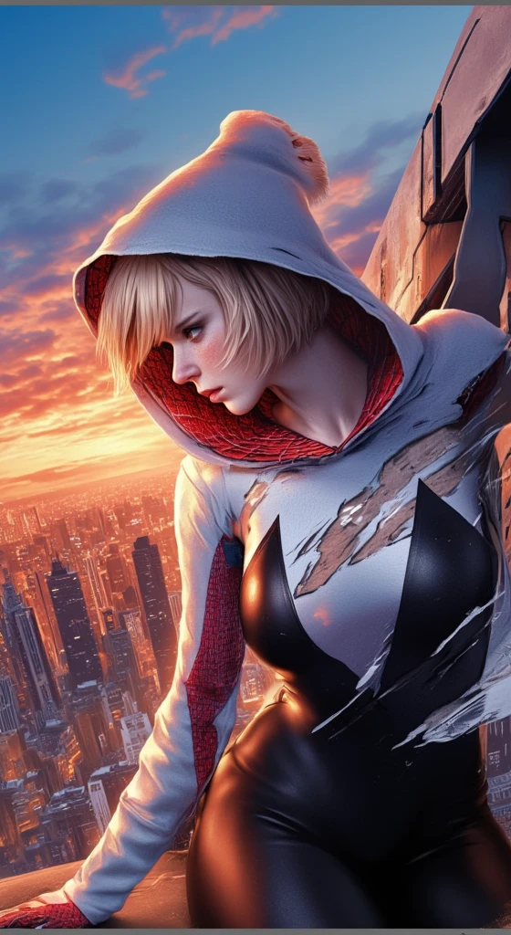  promotional slide ,  Marvel movie poster for 'Spider-Man.: Home field , 'starring Emma Meyer in the Spider-Stirring . [Bob Haircut, She wearing destroyed torn suit skin-tight white and balck red spider-gwen costume,  Climbing the building ,  on a rooftop in Brooklyn, New York City .  title is : "spider-man:Home field " and " coming in 2030 ."