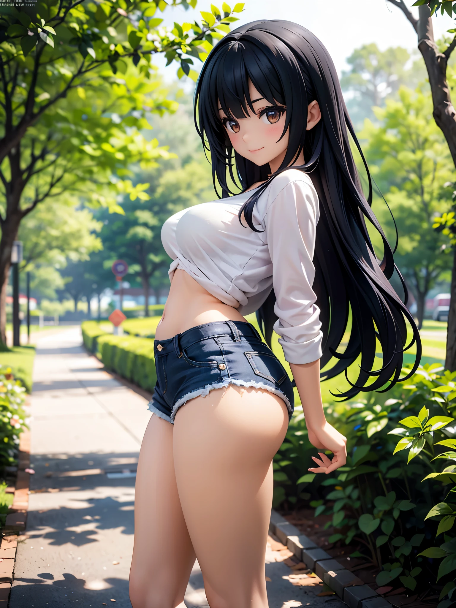 realistic image, detailed image, coherent image, 1 beautiful girl, she has very long hair, black hair, brown eyes, smiling expression. She is wearing a small t-shirt, with a long-sleeved sweatshirt, showing her navel, ripped shorts, sneakers, She has a curvy body, medium breasts and thick thighs, She is walking on a path surrounded by trees and flowers, inside a park, arching her back, hands hidden behind her back, sprouting her breasts, sunny day, Soft focus, Dramatic shadows, Volumetric lighting, natural lighting,