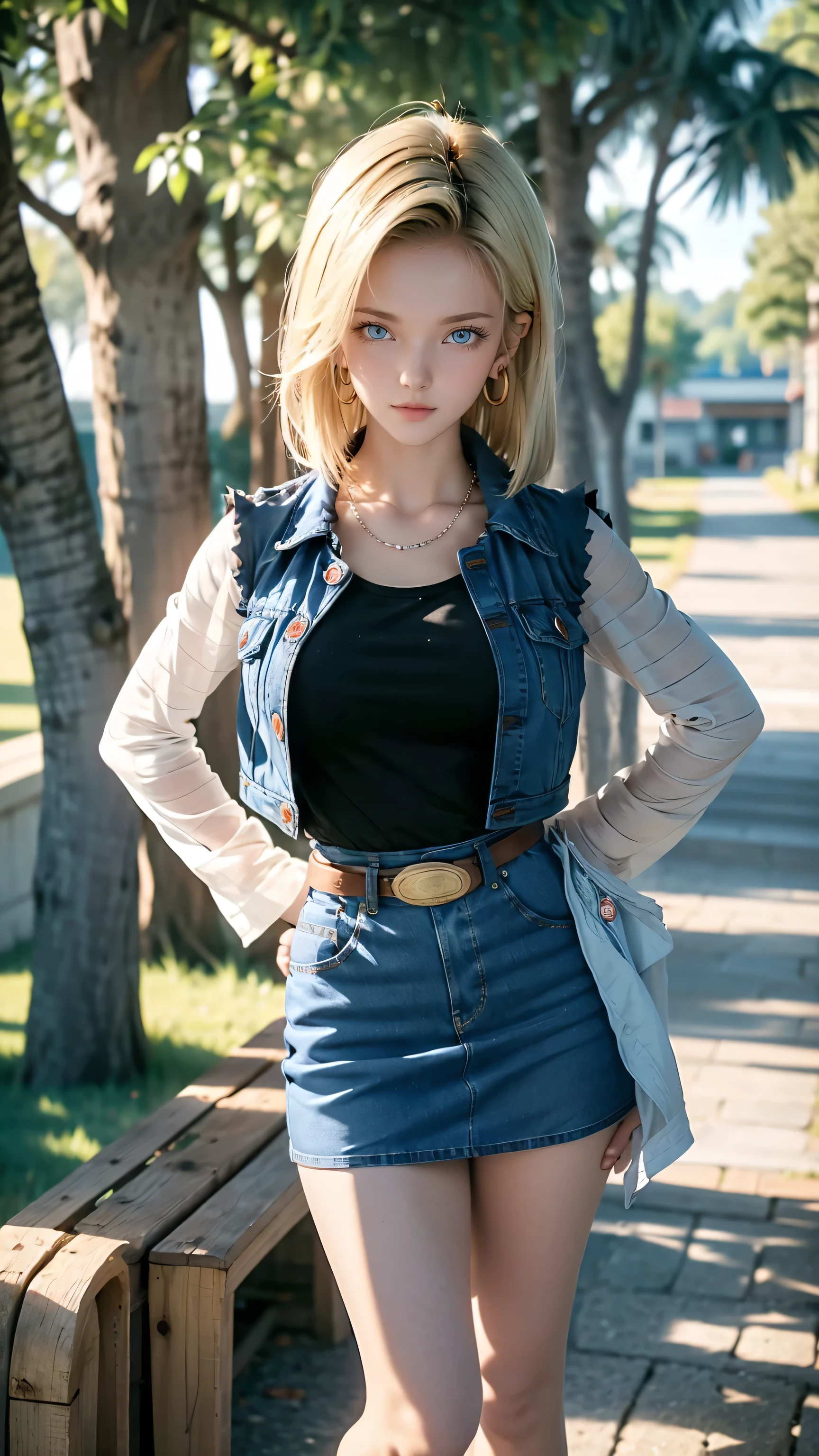 Android 18, Light Blonde hair, Medium hair shaggy cut for women, Blue Transparent eyes of Slavic Caucasians, She has sexy double eyelids above and below her eyes, The flash in the eyeballs is brilliant, She is not wearing any jewelry such as a necklace around her neck, open-chested Black -shirt, Not wearing a bra, She only Wears round earrings, Tight Long sleeves with black stripes on a white background, Blue denim mini vest, Blue denim mini skirt, The denim mini skirt and denim mini vest set in the same blue color, The mini denim vest does not have a zipper, but the mini denim skirt does, and the denim vest has five silver buttons to fasten the garment, The denim skirt's zipper seam line and stitching run vertically straight to the bottom of the skirt, and the denim vest has no zipper, so it's clean, Open-chested denim vest, Large breasts, Women's Western Cowboy Belt, Brown see-through pantyhose, Western short boots, Looking at viewer, Her whole body is visible on the screen, She is standing in front of the bench Her entire body is visible on the screen, from her head to her boots, Slight smiling with closed lips standing next to bench , Blue sky, outside, park, grass, Summer, trees, blue sky, high quality, masterpiece,