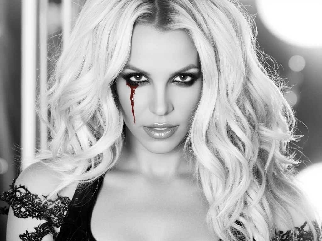 A glamour photoshoot of Britney Spears, portrait, britney, styled in a promotional photo, featuring light blonde wavy hair, wearing a black lace and leather garment, and a sophisticated, mysterious and intense facial expression; with a focus on capturing the nuanced lighting and smooth skin tones, dark, ominous, vampy, scary, mysterious, thriller. Masterpiece, high quality, high definition, dark makeup with a dark red lipstick, blood dripping on her face, blood moon in the background, black and white picture but the red details remain.