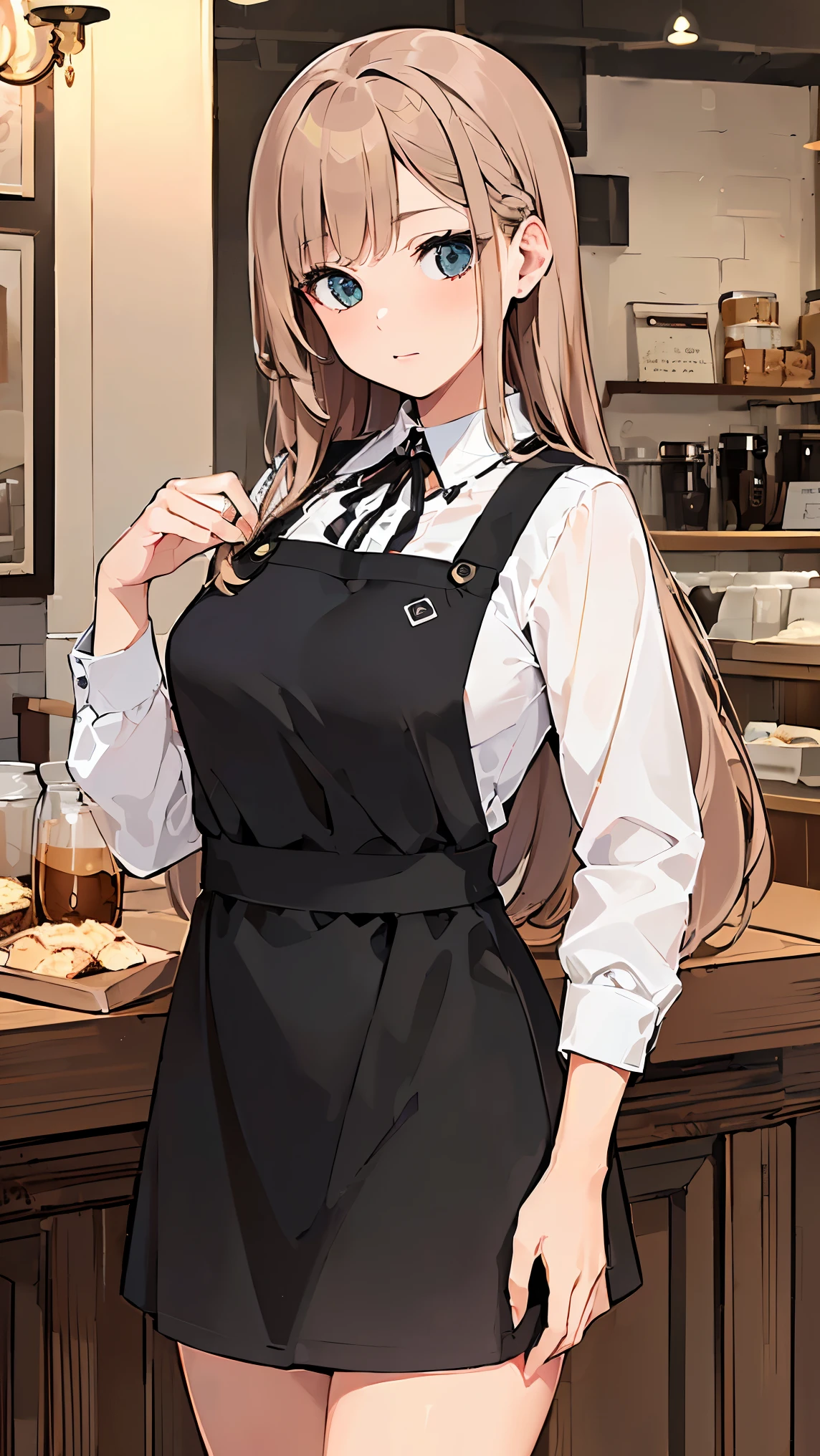 (((Best quality, 8k, Masterpiece: 1.3)), ((best quality)), ((masterpiece)), (detailed), perfect face, perfect body, (detailed skin:1.3), (intricate details), swept bangs, low-braided long hair, pinafore dress, cowboy shot, cafe, Cafe clerk, waitress