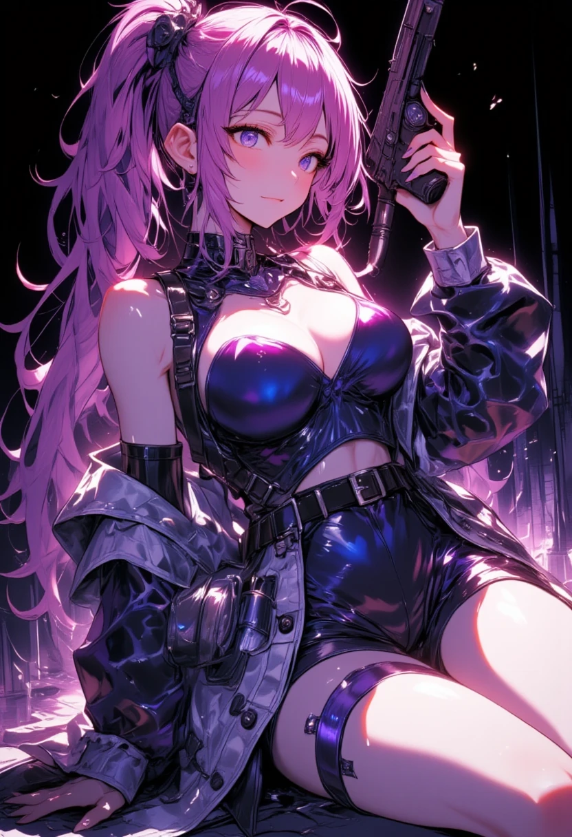 1 person, Blunt bangs, Braiding, Wide sleeves, hair ornaments, Red Belt, (Purple Hair:1.2), Very long hair, Straight hair, Looking at the audience, Highly detailed background, (Realistic:1.2), Beautiful Eyes, Red eyeshadow, Written boundary depth,thigh, (Urzan-6500:0.7), Upper Body, (alone:1.2), (Cyberpunk City:1.1), Cleavage, Glowing Skin、Sit at the bar counter、ponytail、Angry face、