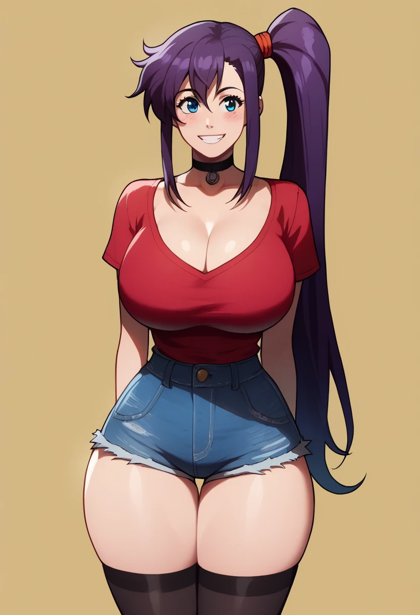 farm,((black stockings, denim, wide hips, high leg, huge breasts, cowboy waist, horny),((high leg, fat thighs: 1.5)), (big breasts: 1.3), choker on neck, smiling, ((blushing with excitement)), vulgar smile, Amaya Haruko, alone, long hair, side ponytail, purple hair, blue eyes