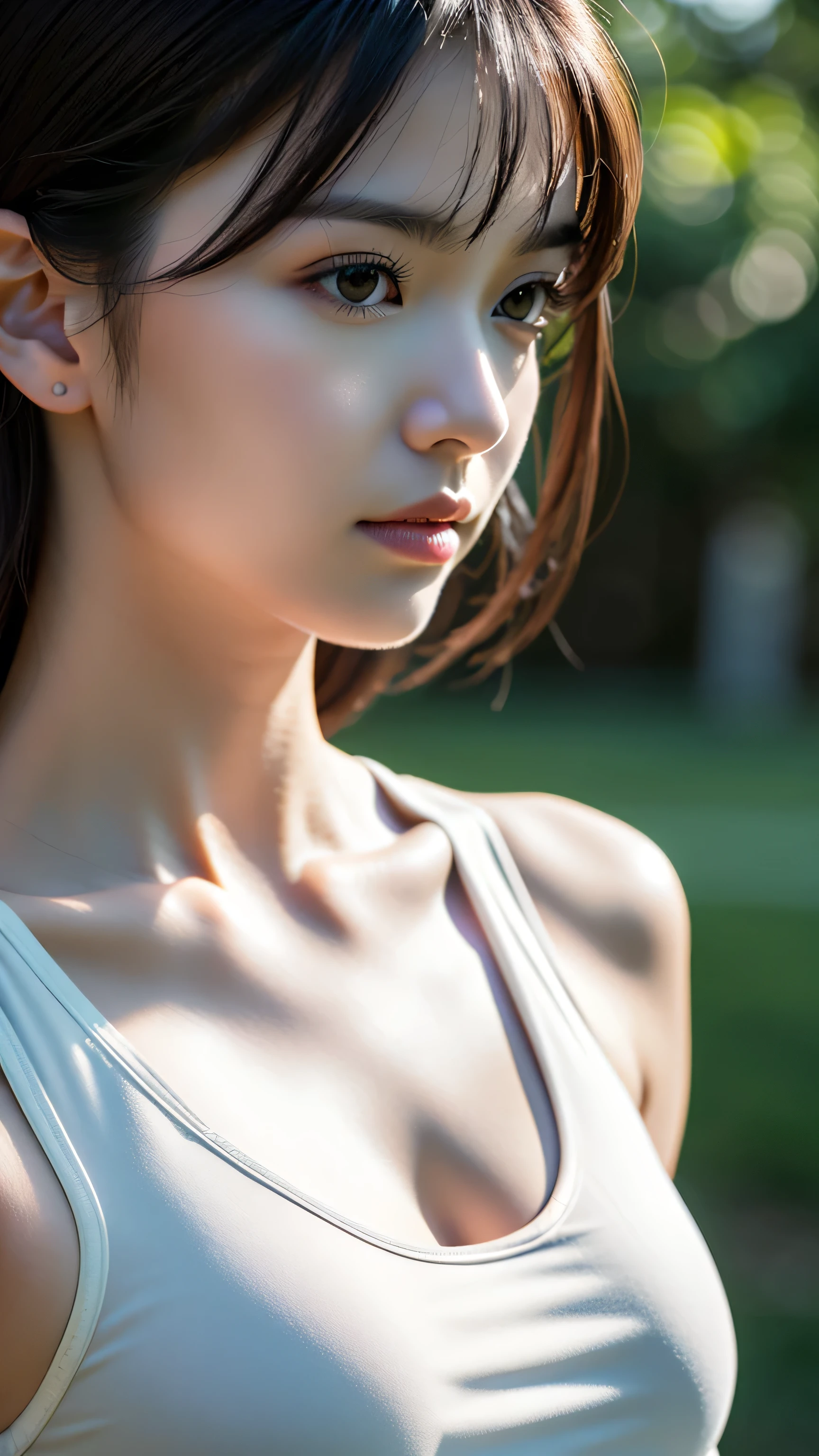 unclear、(Long white silk camisole、white panties)、Outside the field、(small tit)、Photorealsitic、detaileds, Skin texture, ultra-detailliert、Delicate and sexy collarbone、Super detailed face、detailed lips、A detailed eye、二重まぶた、21 year old girl、Slimed、A slender、Model body type