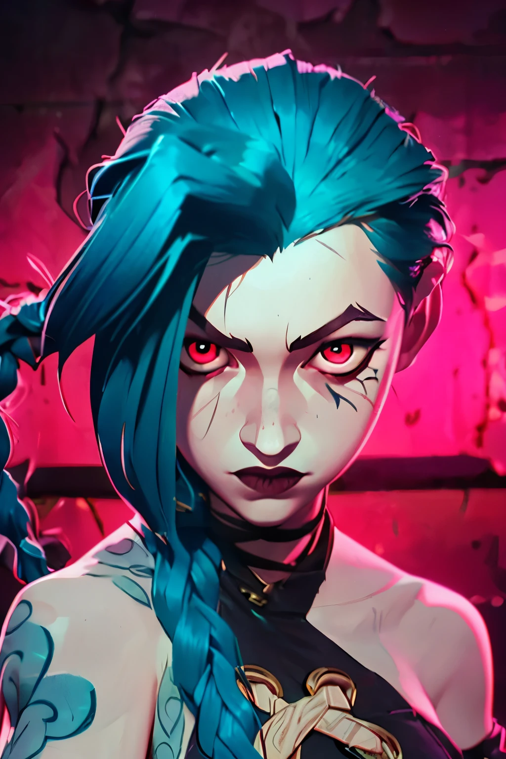 Hyper realistic super detailed Jinx ((Young teen girl )) , Very detailed, (hyper realistic: 1.4), in dynamic pose, an, twin braids, long hair, blue hair,( red eyes) , tattooed arm, arcane style. ((Grunge wall Neon grafitti background, cinematic lighting)).