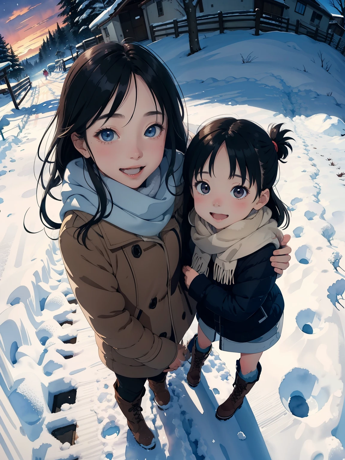 masterpiece，   best quality， High image quality ，(   super flat   ,     Flat Shading    )，  Fisheye Lens   ，Beautiful ite, trained young mother and her very cute little training daughter:1.25， warm scarf，(naked)，Long Hair， boots，smile, smile，White Breath，fun, play, winter, snow, 新snow，At dusk，Beautiful sunset，Wide angle,    bright color , watercolor, Ghibli style，Strong winds，   girl&#39;Lure，