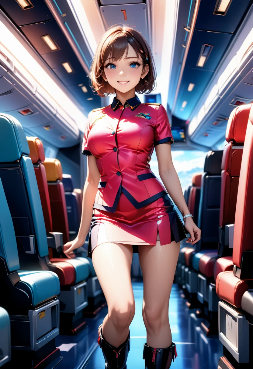 A beautiful flight attendant in an orange and pink dress, with a very detailed and gorgeous face, eyes, and anatomy, wearing a mini skirt and boots uniform, smiling in the aircraft cabin, photographed from a dynamic angle, with shallow depth of field, chromatic aberration, (best quality, 8k, ultra-detailed, super fine illustration, professional lighting, 1 person, extremely detailed beautiful face and eyes, perfect anatomy, pro-quality, photorealistic, incredibly refined, absurdly high-quality, state-of-the-art, AI-generated, hyper-realistic),face focus