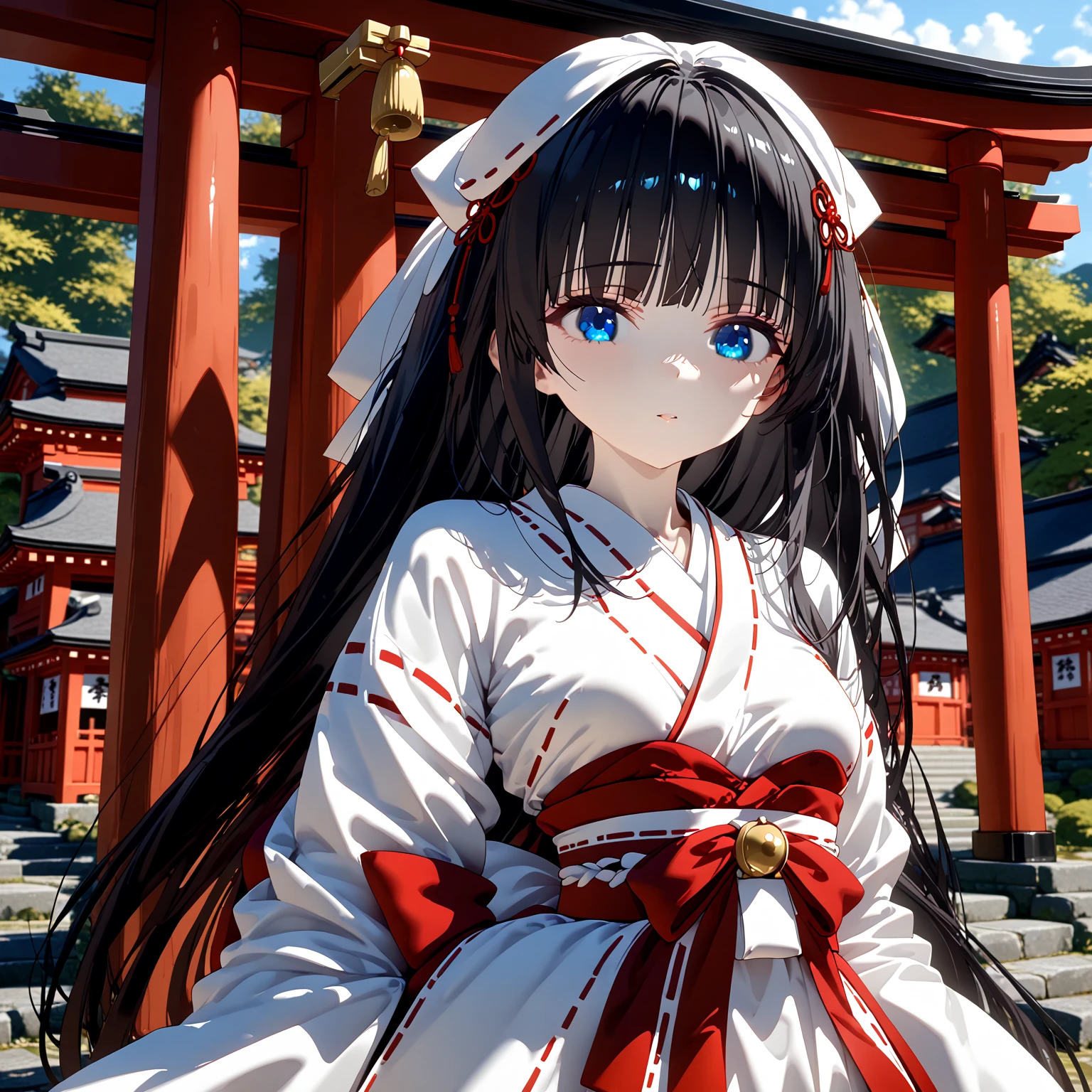 Best Quality, masterpieceUltra HD, 8k，((Japanese Shrine Maiden Clothing))， simple village girl、Black Hair，青 eyes，Shortcuts, Best Quality,High resolution, Ultra HD, blue eyes,small breasts