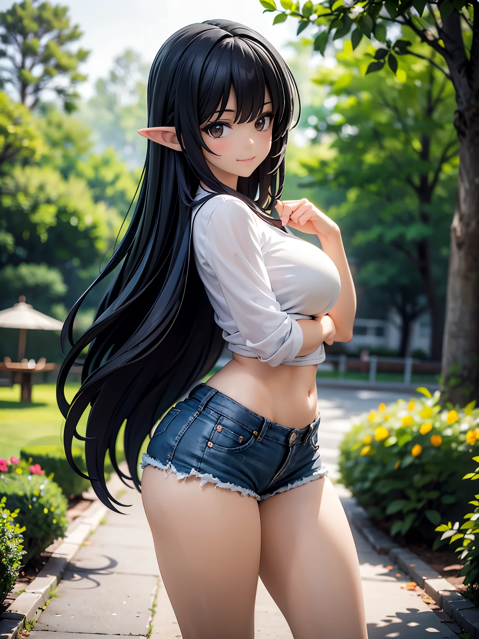 18 year old beautiful girl, ojos grandes, senos grandes, delgada, Small, 8k, calidad superior, (Cabeza muy detallada: 1.0), (cara muy detallada: 1.0), (cabello muy DetallaDo: 1.0), Arte oficial muy detallado, Estilo de arte Anime Moe, Arte de anime limpio y detallado, They are smiling, cabello negro, cabello largo y liso, pecho desnudo, Ushiwakamaru, Ruso, caderas grandes, perfecto, small waist, vista de espaldas, small ass, Bragas blancas, sentada de rodillas, de espaldas, sportwear, elf