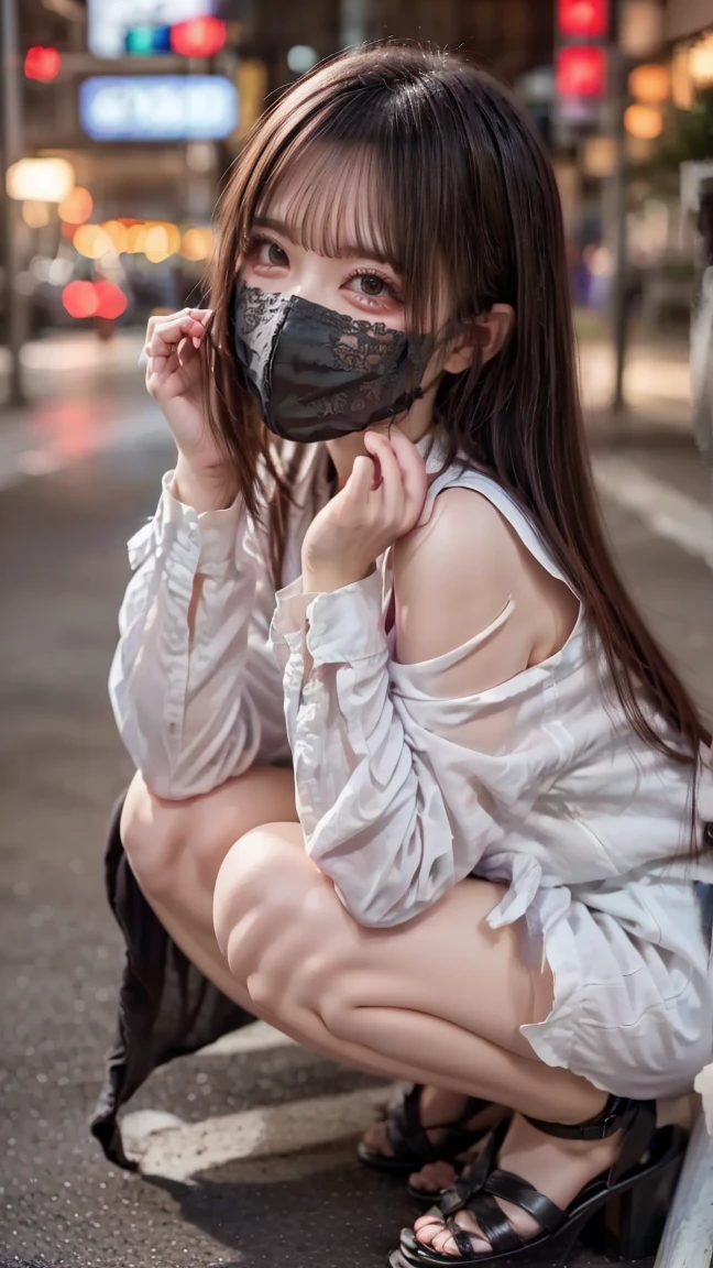 ( crouching with her legs closed  ),  crouching across from viewers,  black hair straight,  semi-long, Big eyes, Big eyes,  beautiful double eyelids ,  big teardrop bag , Wearing white hot pants , (  transparent black lace shirt 1 .3 ).  wearing a black jacket ,  exposed leg ,  beautiful feet,  white skin, Height: 172cm, Eyes staring at a smartphone screen , 20 years old,, 夜中のDark Alley裏, Late Night, Dark Alley, 人気のないDark Alley裏, (( wearing a black medical mask 1.3 )), Purple Nails, , Woman in heeled sandals ,  purple pedicured toes , Cute bangs made , (  eyes staring at viewers  ),  the chest is an H cup 
