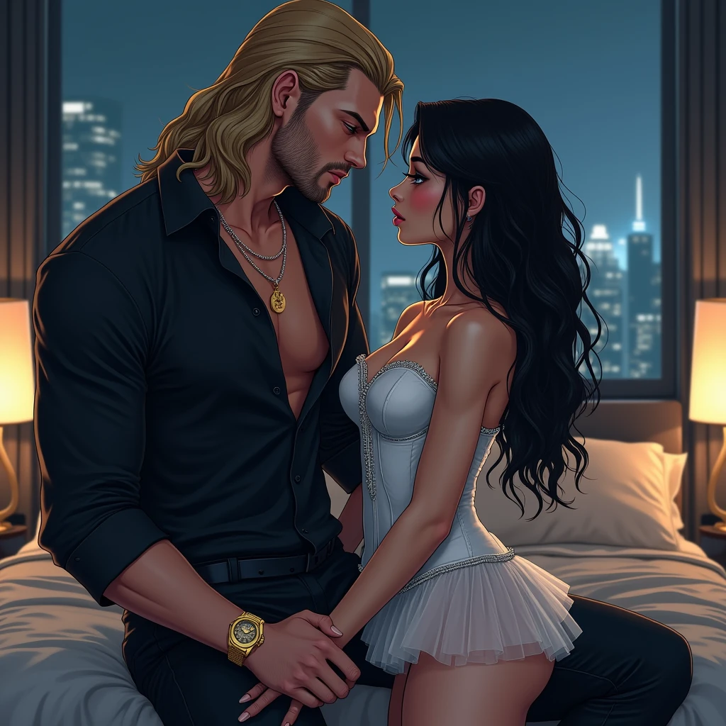 ( masterpiece), ( Best quality : 1.1) (ultra detailed) illustration style , (portrait: 1.1) IN THE BEDROOM OF A MODERN FUTURISTIC ROOM WITH THE NIGHT AND NIGHT ATMOSPHERE , STANDING WITH A DIFFERENCE IN HEIGHT FACING EACH OTHER STARING INTENTLY WITH AN UNCONTROLLABLE PASSIONATE DESIRE, THE ENVIRONMENT IS TENSE AND . A WOMAN OF PERFECT UNIQUE BEAUTY AND SHORT STATURE , of ABUNDANT LONG BLACK HAIR, MESMERIZING SKY BLUE EYES , oval face, SYMMETRICAL FEATURES , Long eyelashes , perfect nose , , SMALL FIRM , SMALL PETITE WAIST, slender legs , abdomen plano, white porcelain skin , semi-fleshy lips. A RUSSIAN MAN OF TALL STATURE , MATURE IMPOSING AND POWERFUL WITH A DANGEROUS COLD BEAUTY , green eyes, LONG HAIR, ABUNDANT BLOND BROWN , STURDY AND ATHLETIC , RUSSIAN FEATURES , TOUGH RUSSIAN FEATURES , Y EXPRESSES ABSOLUTE DOMINANCE . HIS AURA IS IMPOSING AND DANGEROUS , LIKE A LION ABOUT TO ATTACK WITH A COLD AND DOMINANT LOOK . THE GIRL WEARS A SHORT WHITE DRESS WITHOUT STRAPS TULLE SKIRT WITH RHINESTONES ON THE CORSET . THE MAN WEARS A BLACK BUTTON-DOWN SHIRT SHOWING HIS SCULPTED AND MASCULINE BODY, A GOLDEN WATCH ON HIS WRIST AND BLACK PANTS . THE COMPOSITION OF THE IMAGE IS PASSIONATE , DANGEROUS AND DOMINANT . illustration style, illustration style, illustration style, illustration style, arte digital.