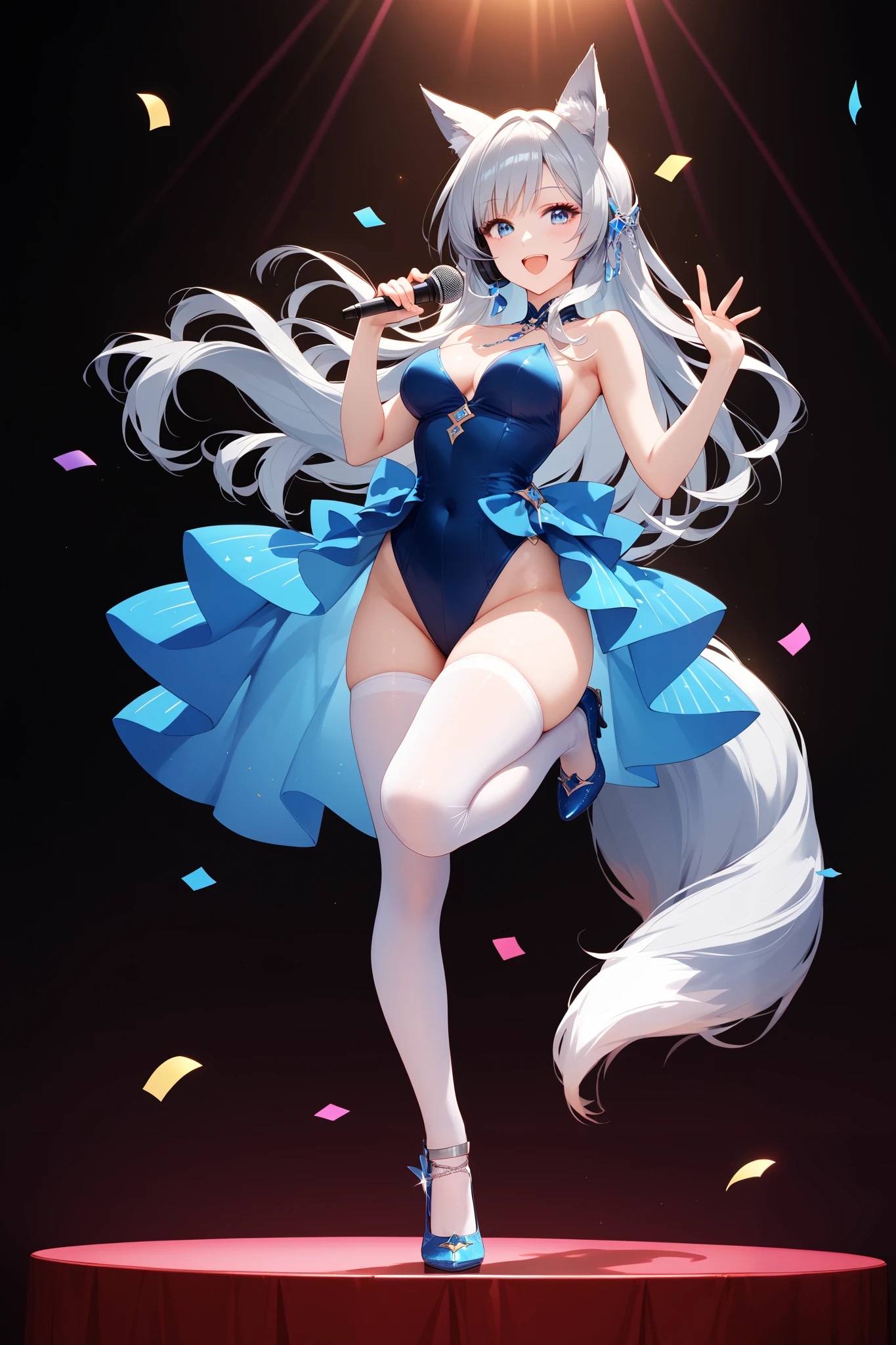 (masterpiece, best quality), (score_9,score_8_up,score_7_up), (highly-detailed), 
1girl, 18 years old, (silver-blue eyes), silver long hair, (big silver white fox ears, silver white fox tail), medium breasts, (pale skin), 
sexy attire, sexy blue leotard, thighs, white tights, white shoes, (blush), cute smile, mouth open, singing, standing on one leg, dance, holding microphone close to mouth, (right hand up in the air), enthusiastic, full body, zoomed out, 
big concert stage, scenario, fancy lights, confetti flying all around, idol concert, 