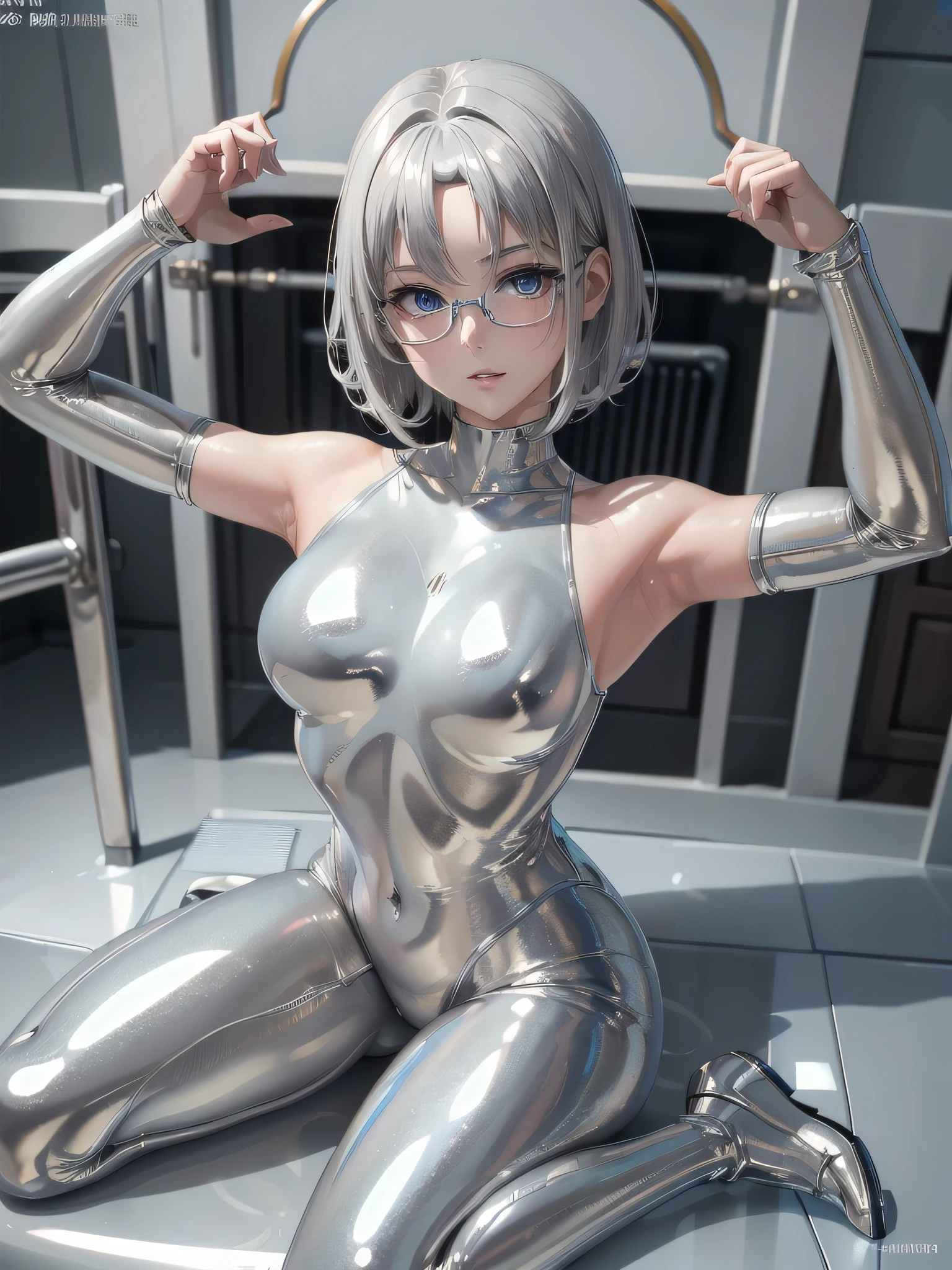 ((Best Quality)), ((masterpiece)), ( Details), (8k), (UHD), Close-up、 short hair、 blue eyes 、 Silver Hair、Glasses、Spread your legs wide、Full body silver metallic enamel suitを着た美女、Full body silver metallic enamel suit