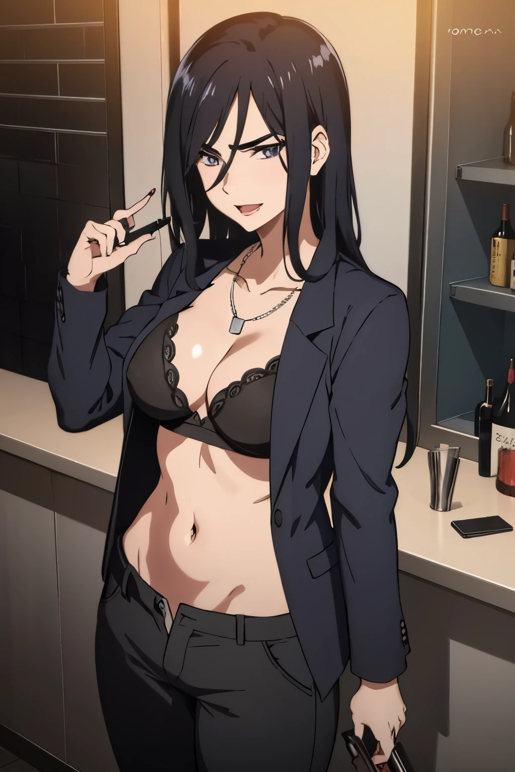 1woman,1girl, izumi_nase,  black hair, purple eyes, jewelry,pearl necklace, mole under mouth, long hair, blush, lipstick, Hot girl, baddie, staring, glaring, bad attitude, mean girl, crazy, smoking, sensual, attractive, bar background, inside bar,long sleeves, cleavage, jacket, unbuttoned pants, black jacket, black pants, formal, suit, black bra, evil smile, smile, (nsfw) not safe for work, navel, evil expression, exposed belly, exposed navel, exposed midriff, exposed lower belly, unbuttoned long black pants, open mouth, holding a gun, holding pistol,,navel piercing, 