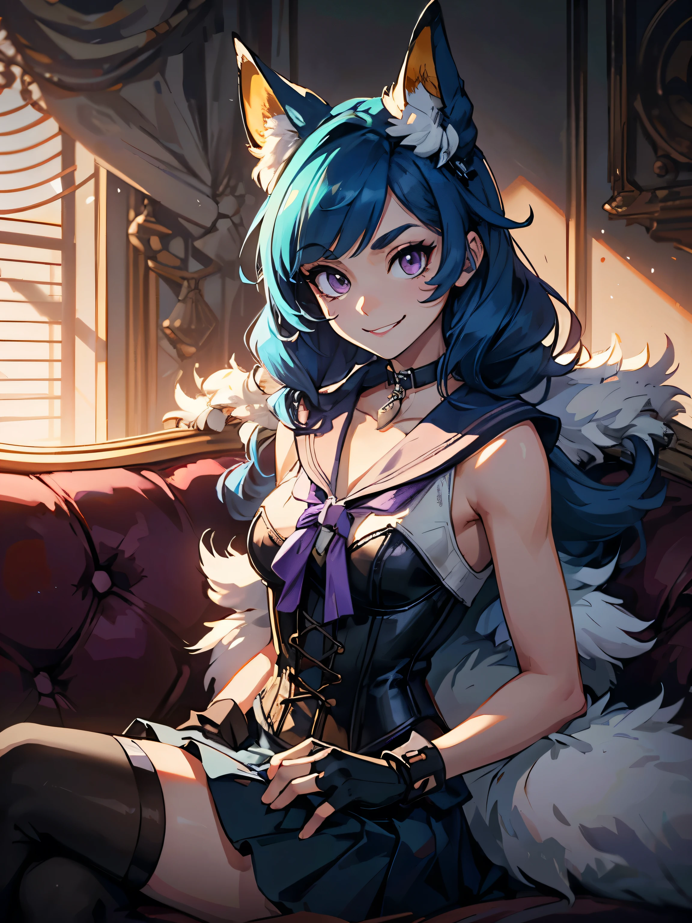 masterpiece, high quality, standing, 1_women, (fox: 1.3), (upper body), (looking at viewer), (bright blue hair), long hair, cute bangs, flowing hair, (white fur:1.4),mature, tall, diamond shaped eyes, ((((purple eyes))), dark_eyeliner, long_eyelashes), (purple fingerless_gloves), beautiful, exotic, elegant, slim,(sailor collar: 1.4), black thigh highs, choker, medium bust, (brown steampunk corset), black ta style skirt, (sleeveless), natural dynamic lighting, ((smirking)), steampunk, sitting on a long white sofa with crossed legs