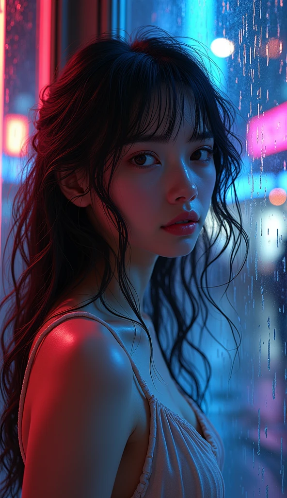 Face woman colors neon wavy hair
Woman looking through a window on a rainy day, You , drenched by the neon lights of the street . Big eyes warm and with an