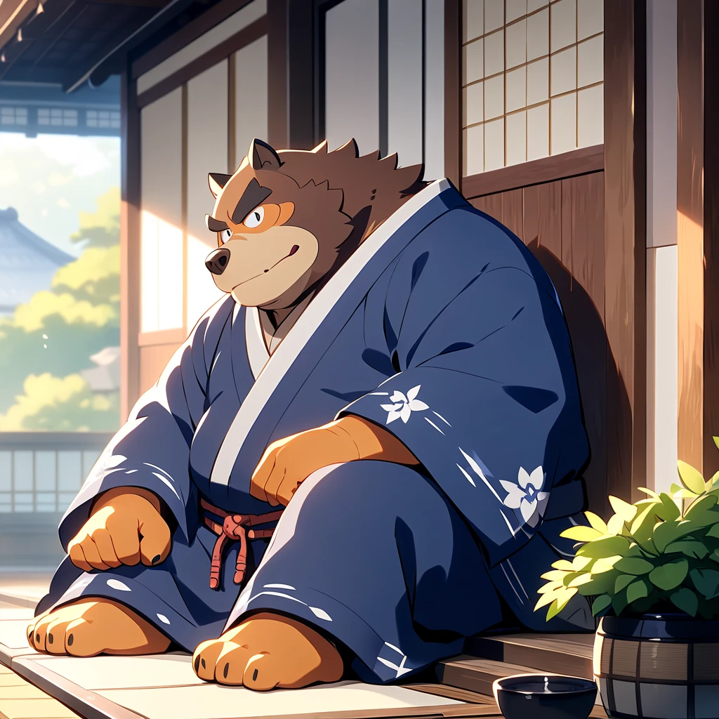   太りすぎの中年ベアマン, masterpiece,   best quality,  SAMURAI boy、 warrior、Overweight middle-aged bearman resting on the veranda 、sit、Japanese house、Samurai residence