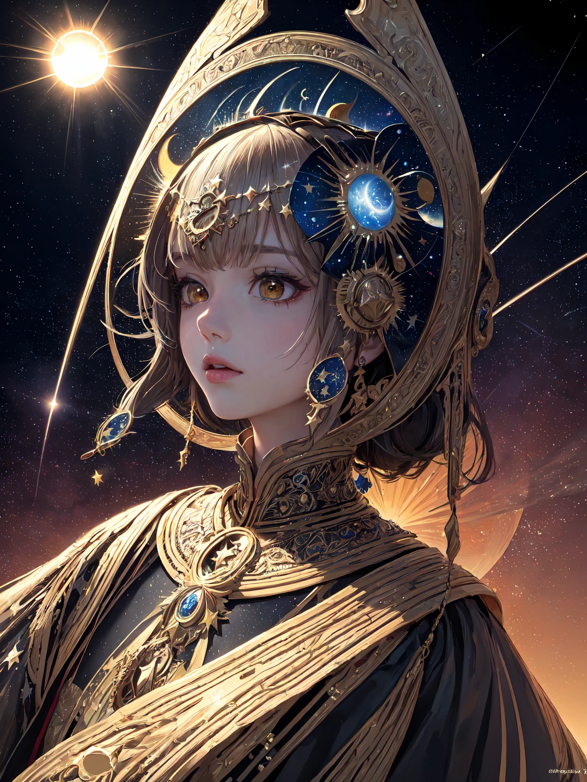 ((highest quality)), ((masterpiece)), ((Real)), Portraiture, One Girl, Celestial Bodies, god, 女god, Particles of light, Hello, Viewer, (Bioluminescence:0.95), vivid, colorful, color, (Shine, shine), (Beautiful composition), Cinema Lighting, complicated, (Symmetric:0.5), Whimsical,