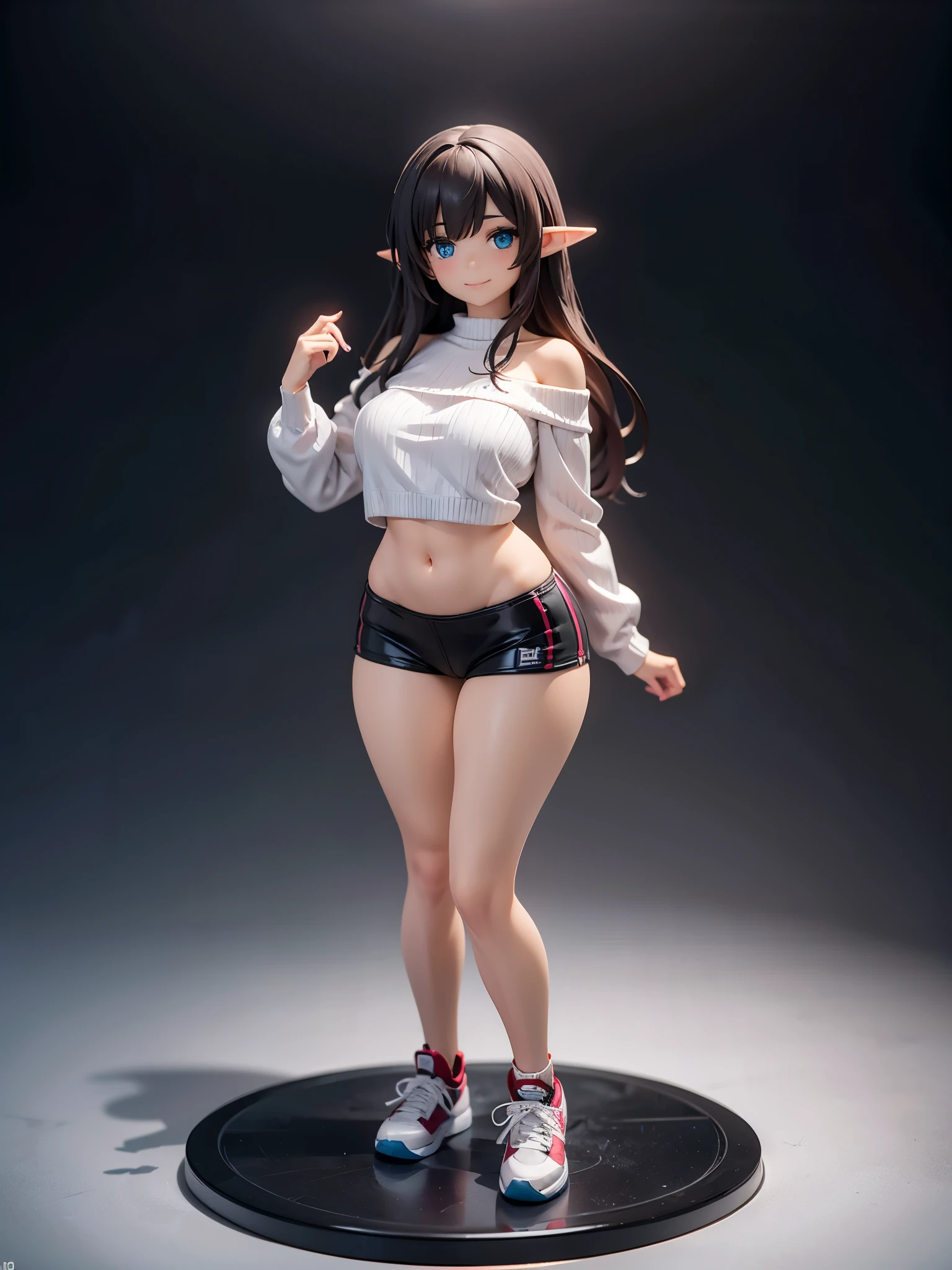 Detail image, realistic image, 1 elf. smiling. She has medium long brown hair which has strands of hair hanging over the right side of her face, large blue eyes and a delicate oval face, small breasts and a slim, curvy figure. She is wearing an off-shoulder sweater, thin thong. sneakers. Full body view. Black background, Uniform background. Ambient light. Volumetric Light