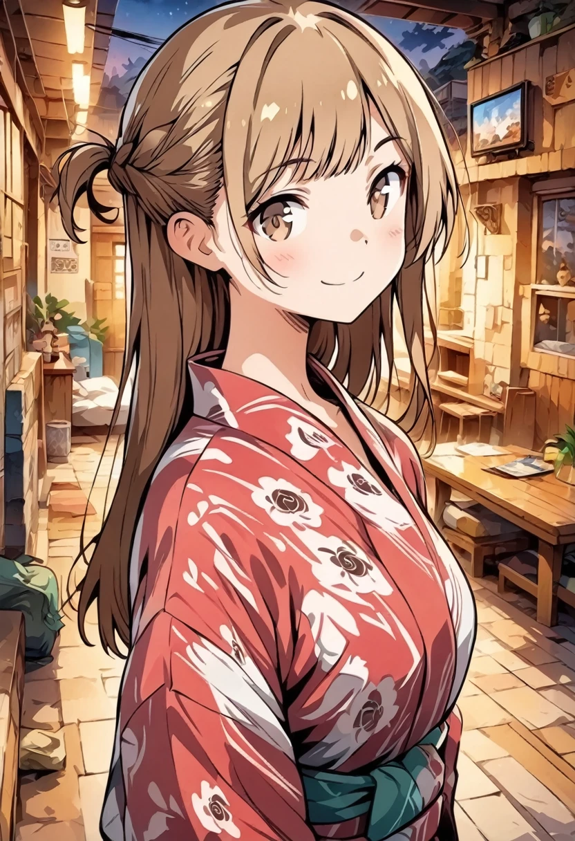 (( masterpiece )) , ( review) , ( Light Brown Eyes ) , ( Detailed Art Style) , ( very detailed) ,  watching viewers ,  smiles lightly,  review,  Light Brown Eyes ,Yukata、hostel