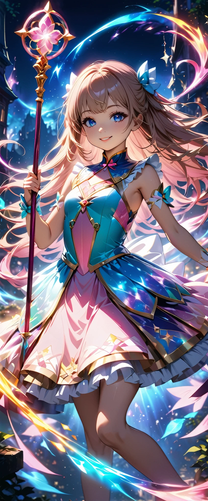 masterpiece,best quality,1girl,very young,loli,solo,smiling,magical_girl,white and pink costume,long magic staff,magical energy,dynamic pose,colorful magic effects,glowing,dramatic lighting,vivid colors,vibrant colors,detailed face,beautiful eyes,beautiful lips,luminous skin,fantasy,digital painting,intricate details,cinematic composition,highly detailed character,ethereal,mysterious,intricate details,ethereal atmosphere,dramatic lighting,cinematic composition,