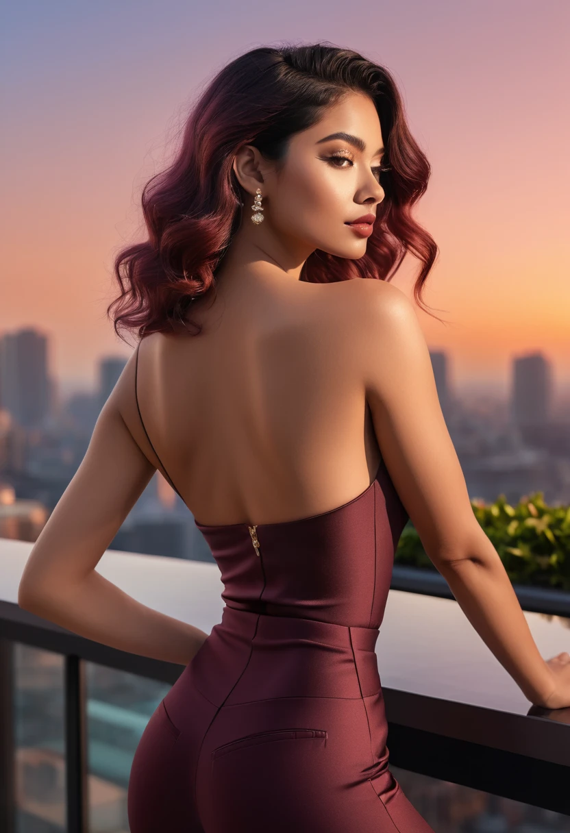 "Instagram profile photo, with a large pronounced (ultra realistic), ((masterpiece)), ((best quality)), ((highres)), ((extremely detailed CG unity 8k wallpaper)). Age: twenty-eight. Atop a high-rise building's rooftop garden during sunset, with the city skyline in the background and the sky painted in hues of orange and pink. The young woman, fully dressed in a form-fitting, deep-cut backless top that accentuates her even from the back, and high-waisted, tight black jeans that sculpt her figure. Her hair is a deep burgundy, flowing in soft waves down her back, and the edges of her hair shimmer with the golden sunset light. She stands with her back to the camera, turning her head slightly to offer a mysterious, inviting glance over her shoulder. Her arms are raised lightly to adjust her sunglasses, subtly highlighting her curves. The tranquil rooftop setting with plants and flowers around, combined with the dramatic urban backdrop, creates a stunning contrast that enhances her elegant silhouette. She is fully covered, ensuring her and intimate areas are appropriately concealed, capturing a moment of sophistication, allure, and serene beauty. (detalhes ultra realisitics)."