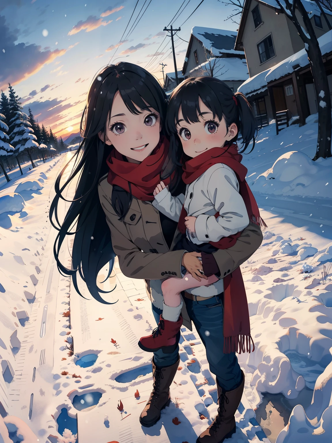 masterpiece，   best quality， High image quality ，(   super flat   ,     Flat Shading    )，  Fisheye Lens   ，Beautiful petite, trained young mother and her very cute little training daughter:1.25， warm scarf，(naked)，Long Hair， boots，smile, smile，White Breath:1.2，fun, play, winter, snow, 新snow，At dusk，Beautiful sunset，Wide angle,    bright color , watercolor, Ghibli style，Strong winds，   girl&#39;Lure，