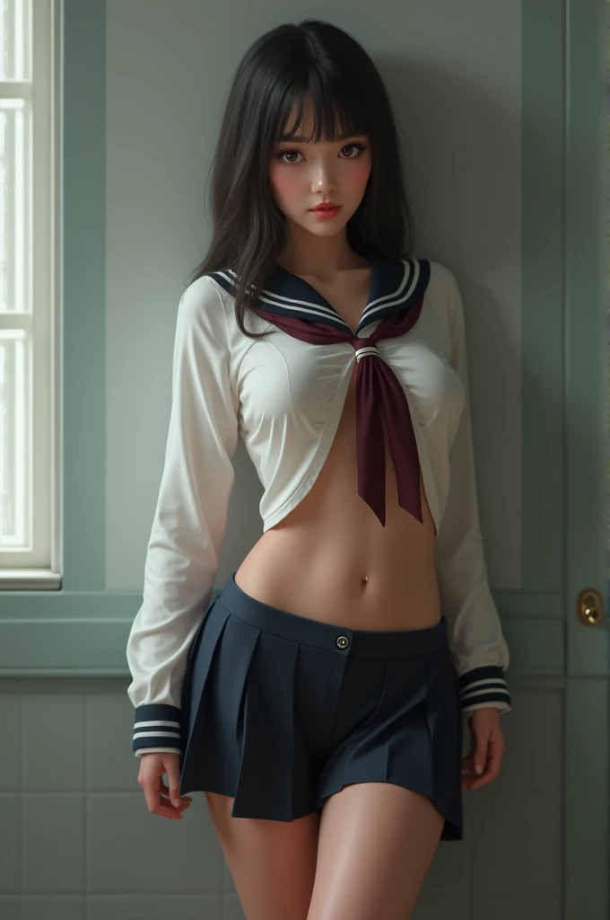 ((Highest quality)), ((masterpiece)), (detailed), One girl, ((in the school)),((nude)),, panty shot,((flat chest:1.4)), (stare at viewer with stern eyes:1.5),(bitting own lip:1.1),(angry:0.9),nose blush,(shamefull:1.2), surprised, Beautiful Korean Women, Beautiful young Korean woman, Young and adorable Korean face, Gorgeous Young Korean Woman, Korean Girls, Girl cute beautiful face, Portraits of Korean female idols, Young and pretty Asian face, Cute natural anime face,Asian pretty face,((Sailor suit)),((glistening eyes)),((glistening eyes )),((large eyes)),(( pretty eyes)) ,(detailed),Perfect Face,((One girl)), ((clear eyes)),((show nipples)),((beautiful skin)), don't wear anything,((A bow tie))