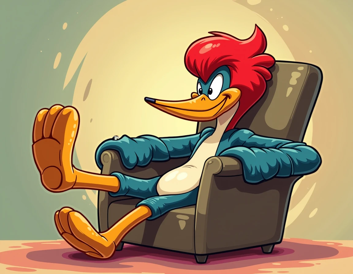 print, The Woody Woodpecker Show sitting in a large armchair with female Winnie on each side of the armchair wearing only lingerie and with large breasts