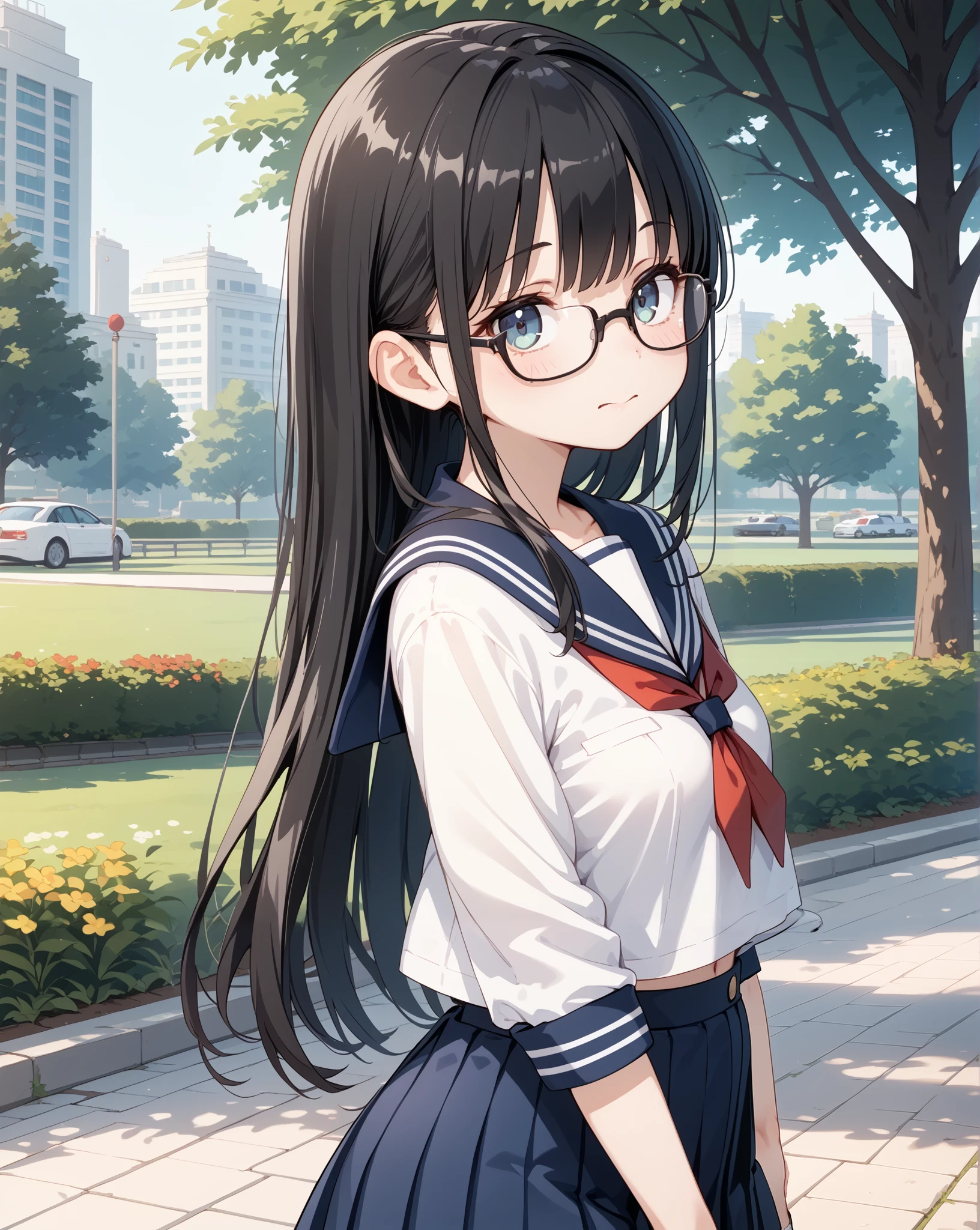 black hair, Long Hair, Had,Glasses, Short sailor suit, , sweated,Park with lawn、Young face、、 animation、4K、I'm not wearing a skirt、No panties、 sitting on a bench 、 embarrassed expression、 holding white socks 、Black leather shoes、My legs are wiggly 、I'm holding back、I can see your ass、Legs are visible
