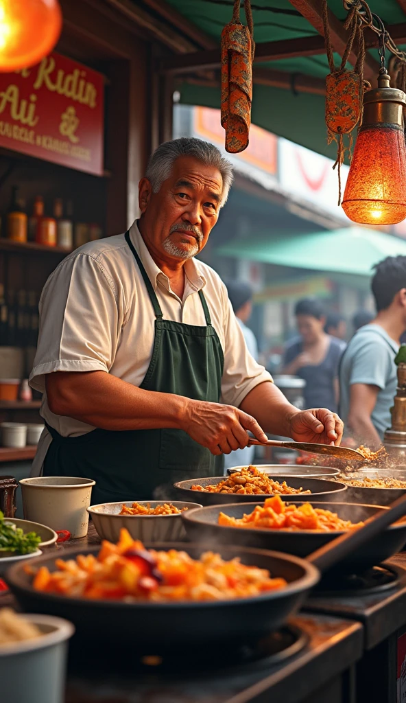 A middle-aged Indonesian man with a stocky stature is selling food at his stall. 