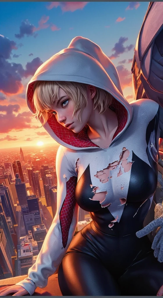  A promotional movie still, poster for the marvel movie 'Spider-Man: Home Turf,' featuring emma myer as spider-gwen, acrobatic pose, She is wearing a destroyed torn half naked skin-tight white and black pink spider-gwen costume, on rooftop The title reads: "Spider-Man:Home Turf" and "Coming 2030."