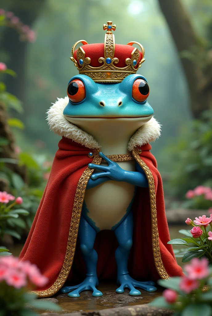 Giant overweight blue frog high priest with red eyes wearing blue head dress and long robes in swamp 