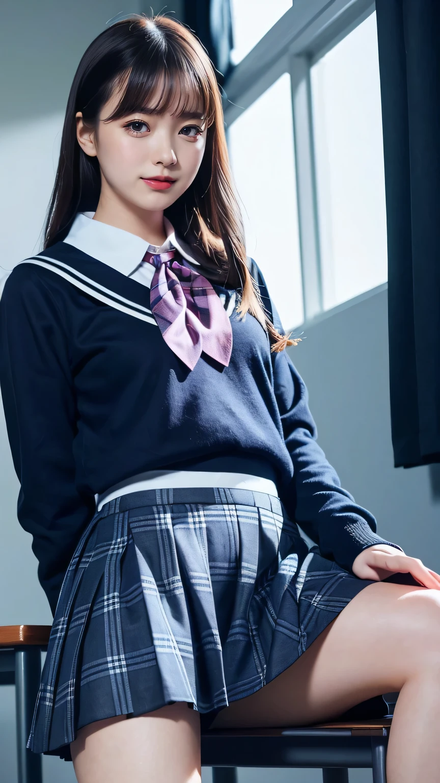 (Highest quality, 4K, 8k, High resolution, masterpiece, Genuine, Realistic, Realistic:1.3), (upper body, from below), Girl sitting on school desk, grin:1, phisically accurate, ((wearing white collared Uniform with blue neckerchief, one colour dark blue sweater, dark blue plaid skirt)), ((pink striped pattern underwear)), 18-year-old, black braid hair, bangs, A small smile, Thighs, knees, From below, pinching skirt:0.7, open legs:0.8, soft lighting, in changingroom,