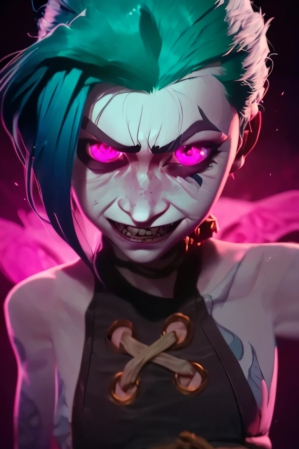  Jinx , 1girl, young girl,  ((psycho face, creppy smiling. Angry face )), (((skin texture))), cinematic, ultra highly detailed, beautiful details, vivid, saturated colors, filigree detailed, tiny details, pop surrealism, cowboy shot. ((Cinematic Blast magenta and cian grafitti background )) 