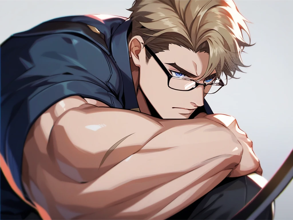  Blue pupils, pectoralis major, glasses,blond，Short hair， black military uniform ，Police boots，  bigger muscles， Scar German Style Oblique Lens,  illustration,  best quality , simple background without subject/ no background ,  Overhead Camera,  Closeup ,  serious expression，youth，Serious，seme,Muscular,Muscular male,large pectorals, 