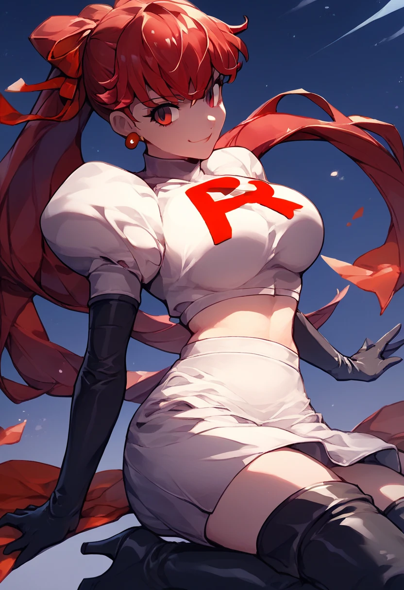 Team rocket, team rocket uniform, red letter R, white skirt,white crop top,black thigh-high boots, black elbow gloves, evil smile, night sky background, earrings, large breasts, high-heeled boots, kasumi yoshizawa, red hair