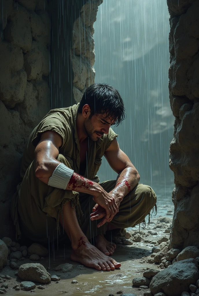 A man walking through pools of blood flowing from his heart?