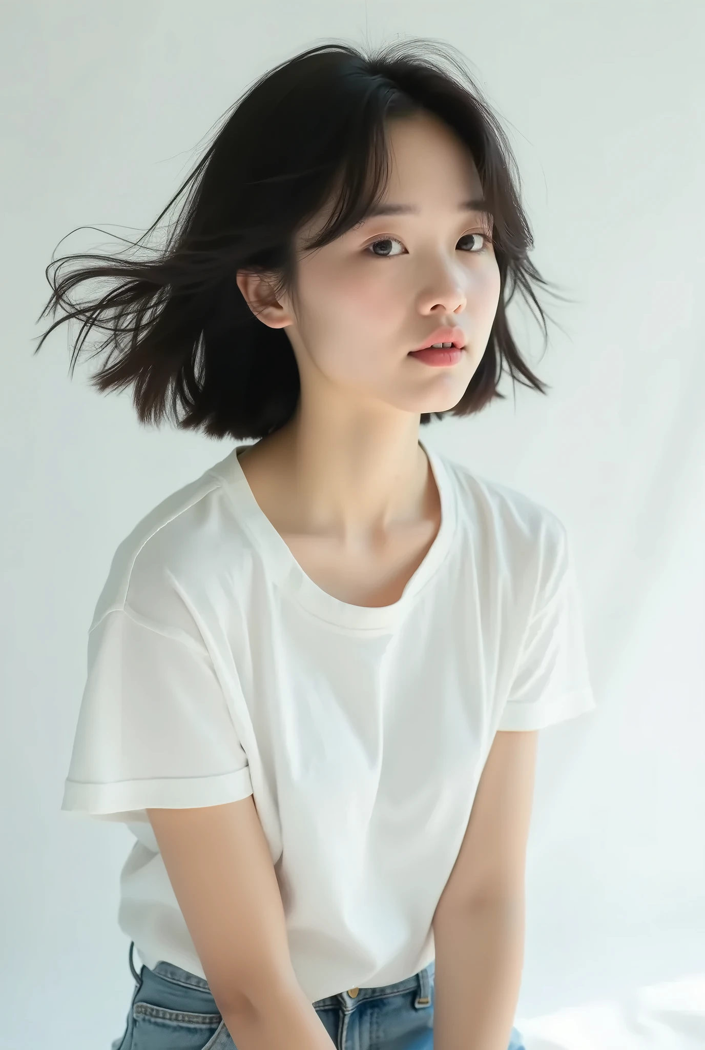 (top-quality、16K resolution)1 girl、solo、natural soft light、、A Japanese Lady、Looking at the camera、Long sleeve white T-shirt、Concrete background、Facing the front、is standing、bobhair、Woman in her late s、Light bangs、short-hair、Salon model、Natural look、portlate、floated hair、Rolled hair