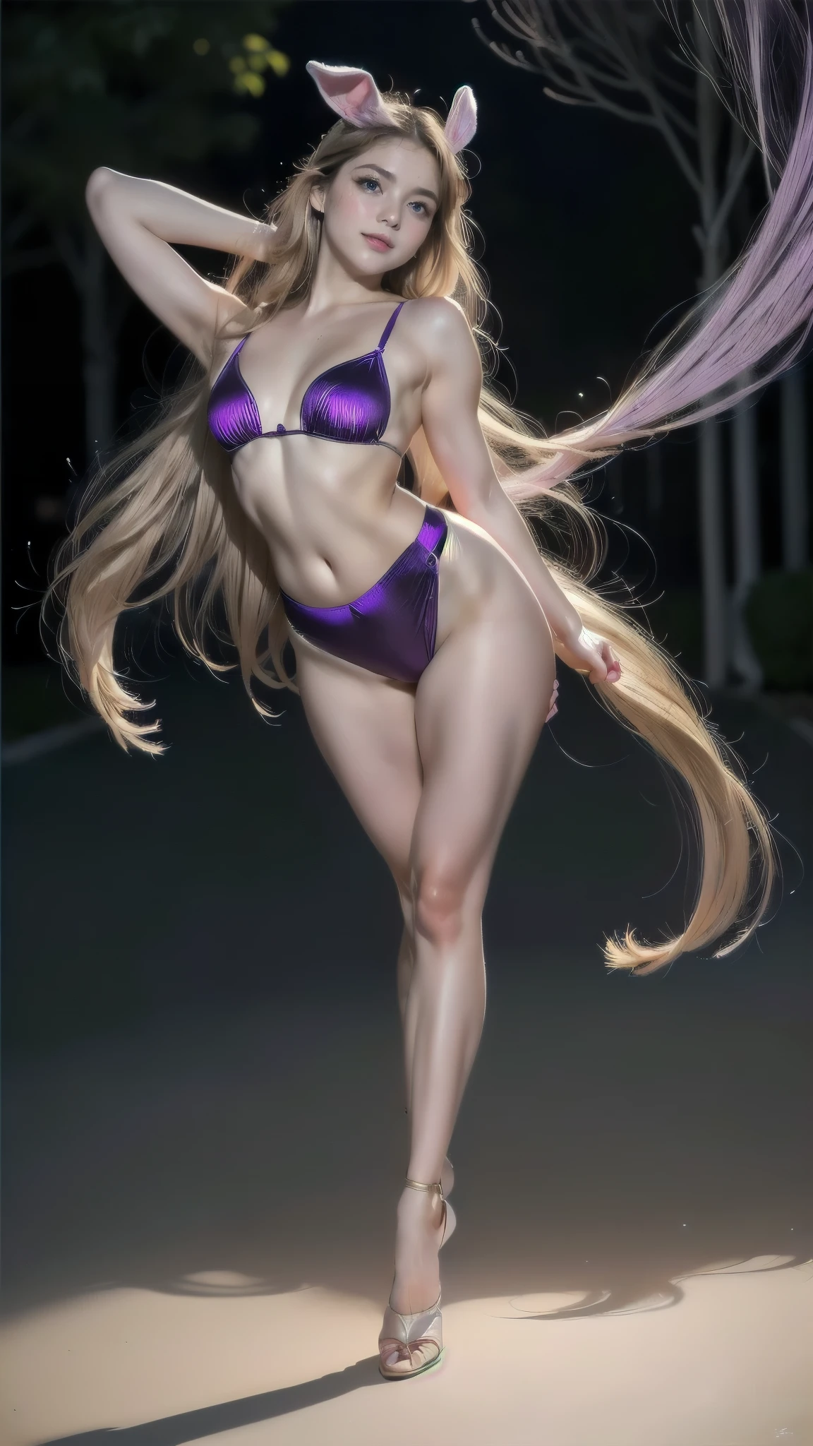 masterpiece,  best quality ,  Extremely detailed Cg Unity 8K wallpaper,(( upper body)) ,(( upper body head close-up shot of a beautiful )), ,  Elegant Long, Straight Blonde Hair , (Mckenna Grace), ((flat chest,thighs,)), (purple-green ) golden (shiny tutu, long rabbit ears , , bow tie, No panties, visible genitals), (( Open Legs )),(), (Blush), , (,  seductive smile ), ( outdoor),  beautiful face, arte-chave, award winning clip ,  intricate details realism HDR , by ( ruan jia and artgerm and range murata ), photorealism, hyperrealism,  ultra realistic , dramatic light, intense shadows, stunning view,   depth of field , ([long hair hair]:1.8), (full body:1.8), (upper body up:0.3), (hyper realistic:1.4), (realistic:1.3), (best quality real texture skin), Detailed eyes, detailed face, PERSEPHONE, persephone, (SFW:1.5) Hyperrealistic, LESS saggy breasts, (SMALL BREASTS:1.5), (HUGE LEGS:1.5), (LESS THIGHS:1.5),  perfect legs,  perfect legs, pernas added, pernas added e perfeitas,  shapely legs, thighs torneadas, pernas added, thighs lisas. ( erotic pose :1.5), (thick eyebrows:1.2), (big purple eyes:1.2), ( Ultra-detailed eyes :1.4), ( High resolution eyes :1.1), ( ultra detailed skin texture:1.4), (Beautiful toned body:1.1),  cameltoe, micro bikini, small bikini 