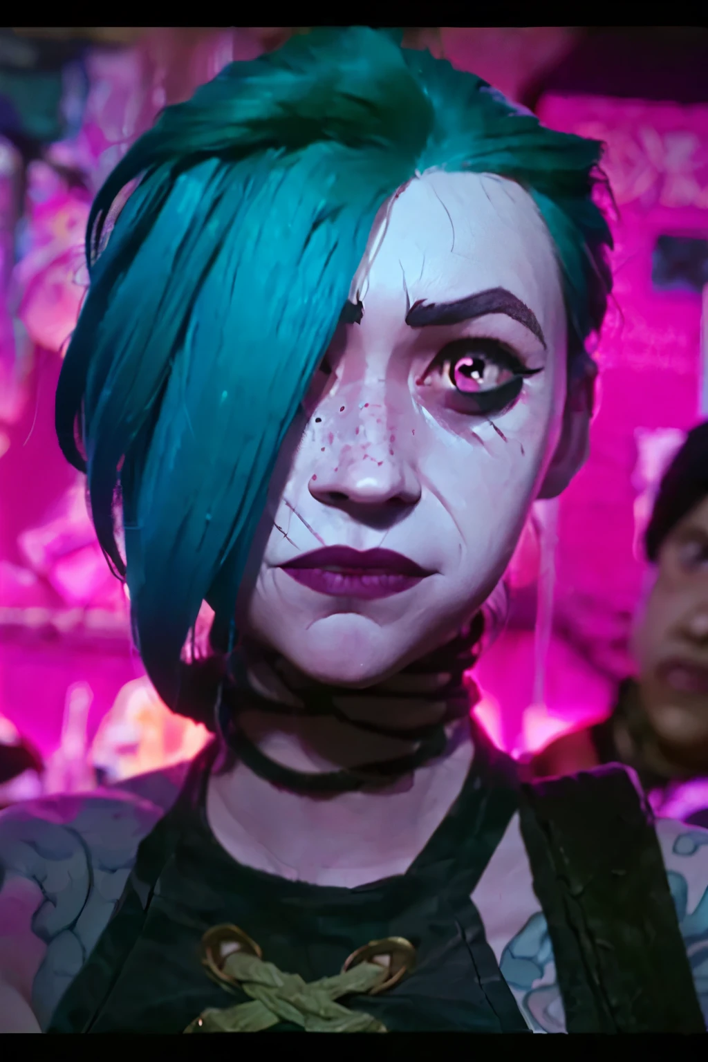  Jinx , 1girl, young girl,  ((psycho face, creppy smiling. Angry face )), (((skin texture))), cinematic, ultra highly detailed, beautiful details, vivid, saturated colors, filigree detailed, tiny details, pop surrealism, cowboy shot. ((Cinematic Blast magenta and cian grafitti background )) 