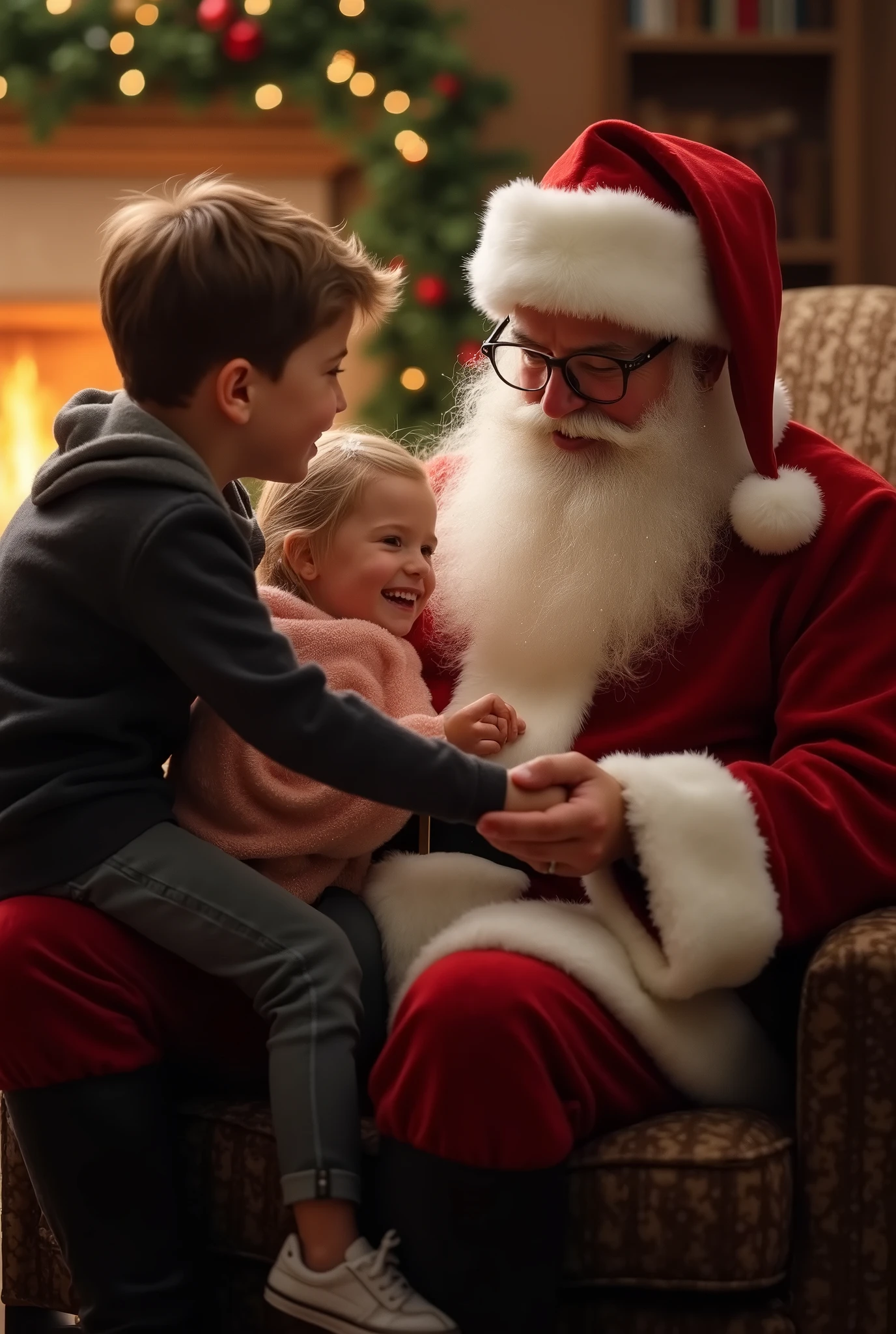  best quality、 high definition 、(High image quality:1.2)、masterpiece、 detailed background、Realistic、 RAW Photos、 The girl and brother are overjoyed and say thank Santa、The two seem to be having fun、 very cute