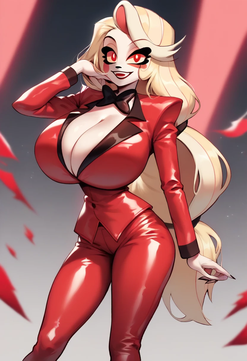 (masterpiece: score_9, score_8_up, score_7_up, 1 girl, )solo,Charliza, CharlieMorningstar,charlie morningstar (hazbin hotel), formal suit, red formal suit, red pants, red eyes, black bow tie, black shoes, blonde hair, gigantic breasts,Hyper breasts,giga_busty, breasts bigger than head, hips, red latex, latex formal suit, shiny suit, sexy pose !!!!, sexy!!, posing!!, voluptuous, shiny, shiny clothes, colorfull,latex clothing, pose, posing, thick thighs, big thighs, wide hips, fat ass , voluptuous, hourglass figure, extremely curvy, curvy, looking at viewer
